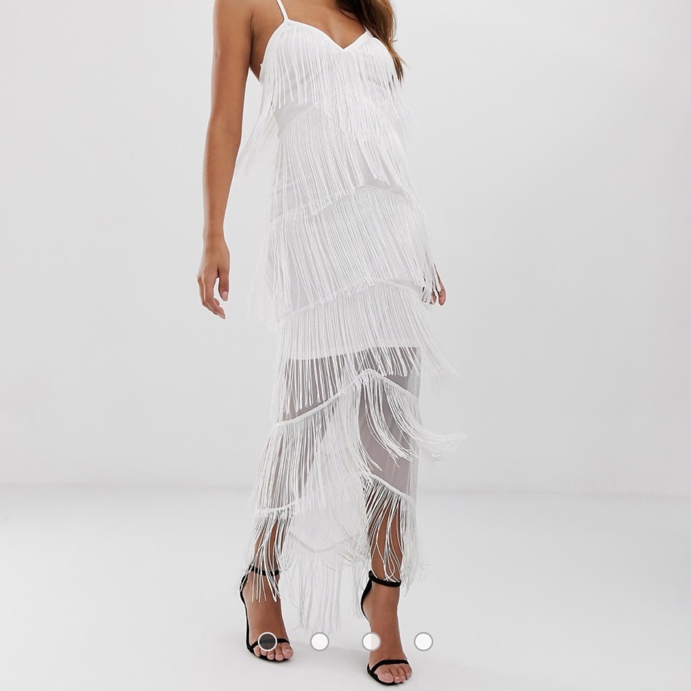 ASOS DESIGN fringe mesh strapping maxi bodycon dress in white. 1920 Flapper.